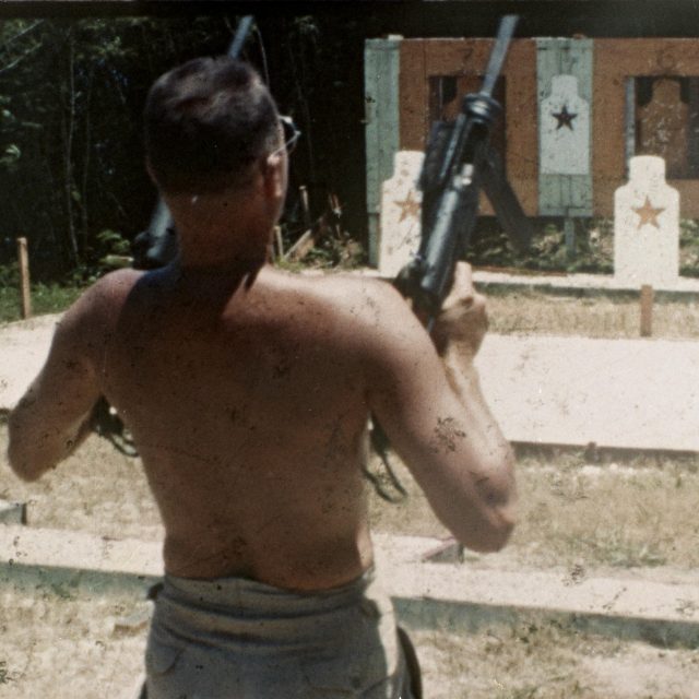 During the Korean War Jeff became involved with the training of Nationalist Chinese irregulars, some of whom were rather small and a bit intimidated at the thought of using a 45-caliber machine pistol. Here he demonstrates that two M-3 “Grease-Guns”
can be managed quite easily at once — with fair effectiveness at short range.
(Some may note that at that time Jeff had not yet promulgated Rule III.) #greasegun