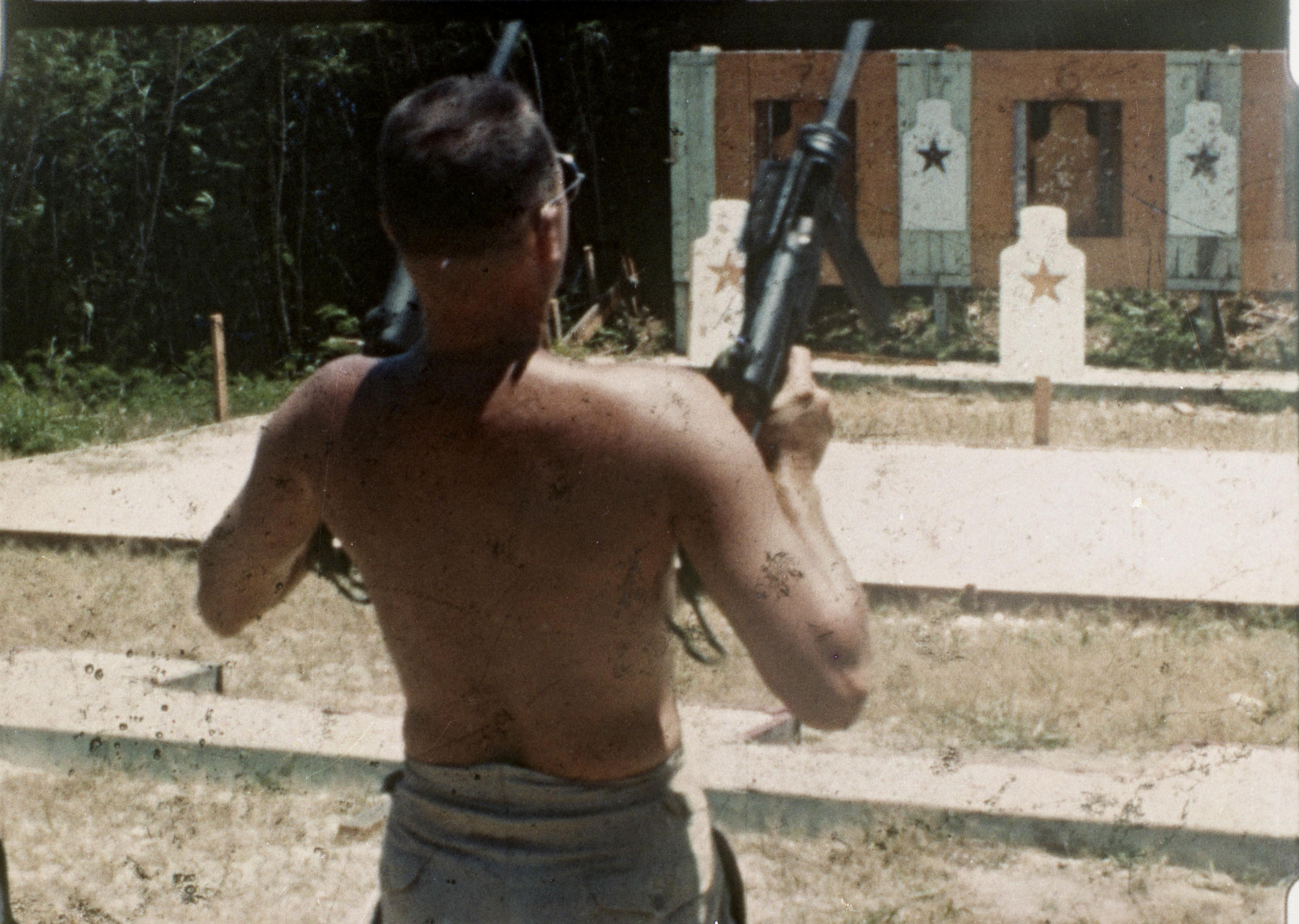During the Korean War Jeff became involved with the training of Nationalist Chinese irregulars, some of whom were rather small and a bit intimidated at the thought of using a 45-caliber machine pistol. Here he demonstrates that two M-3 “Grease-Guns”
can be managed quite easily at once — with fair effectiveness at short range.
(Some may note that at that time Jeff had not yet promulgated Rule III.) #greasegun