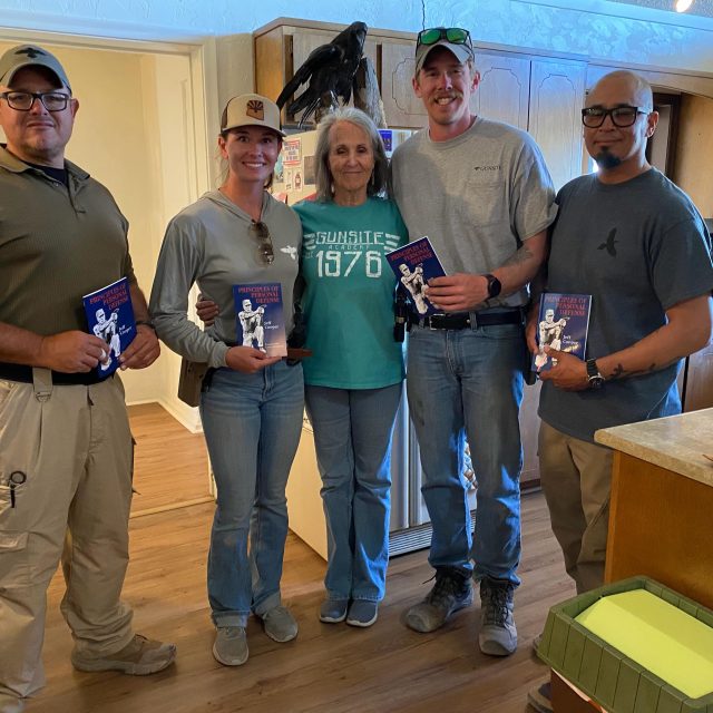 Our latest scholarship recipients at Gunsite, May 29, 2026. Carlos Roman (E ticket),
Anna Componovo (second in the shootoff),
Lindy, Trevor Coningham (won the shootoff), and Chris Rabago. Outstanding!