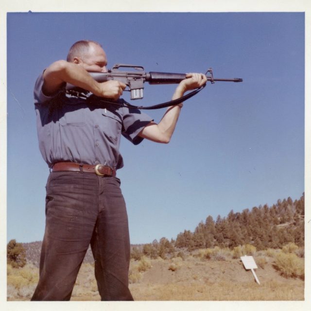 Shooting the M-16 “Poodle Shooter”. 1967, Big Bear.