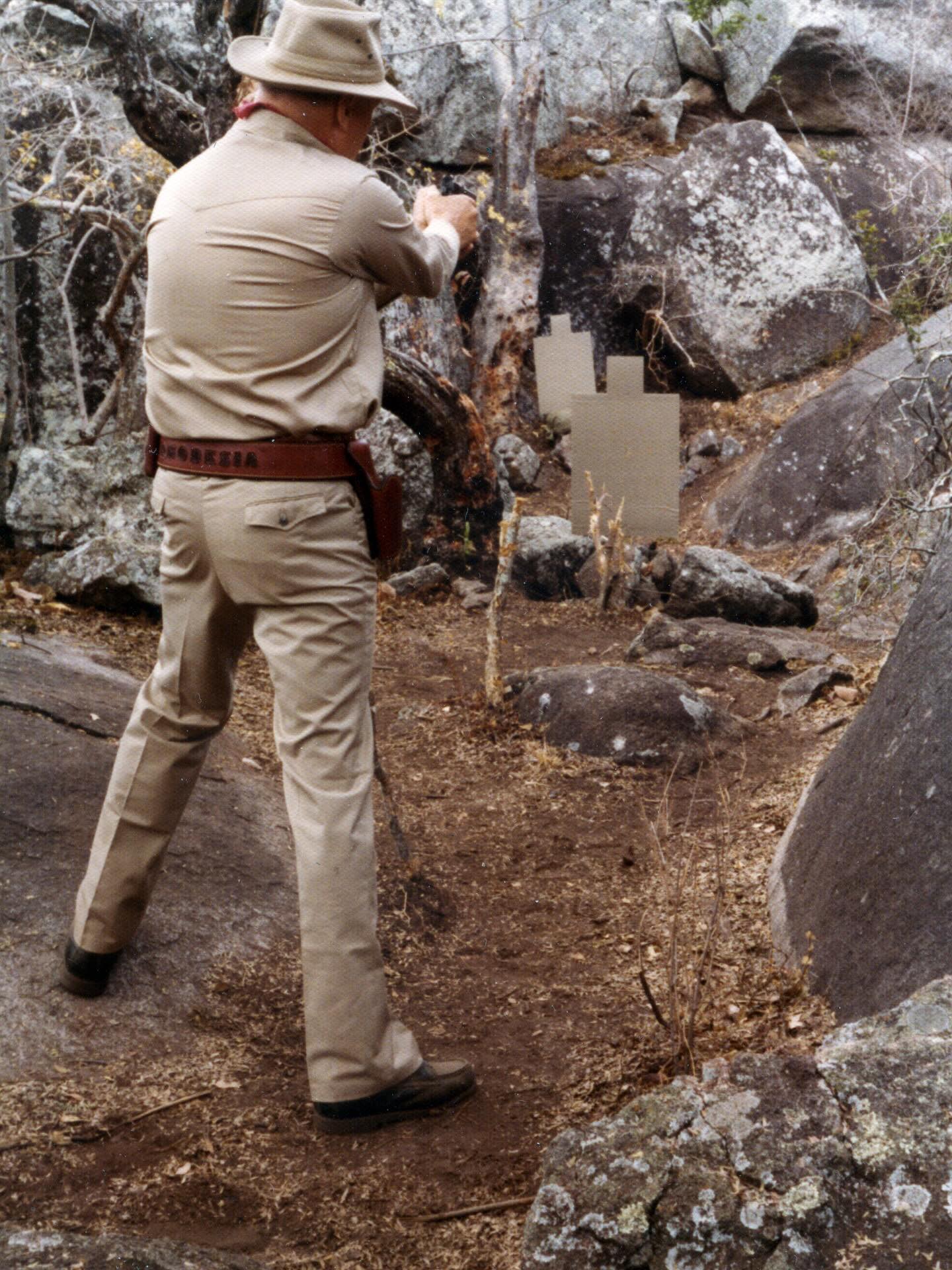 Jeff Cooper at the 1977 IPSC World Championship (officially the 1977 IPSC Handgun World Shoot III) in Salisbury, Rhodesia.