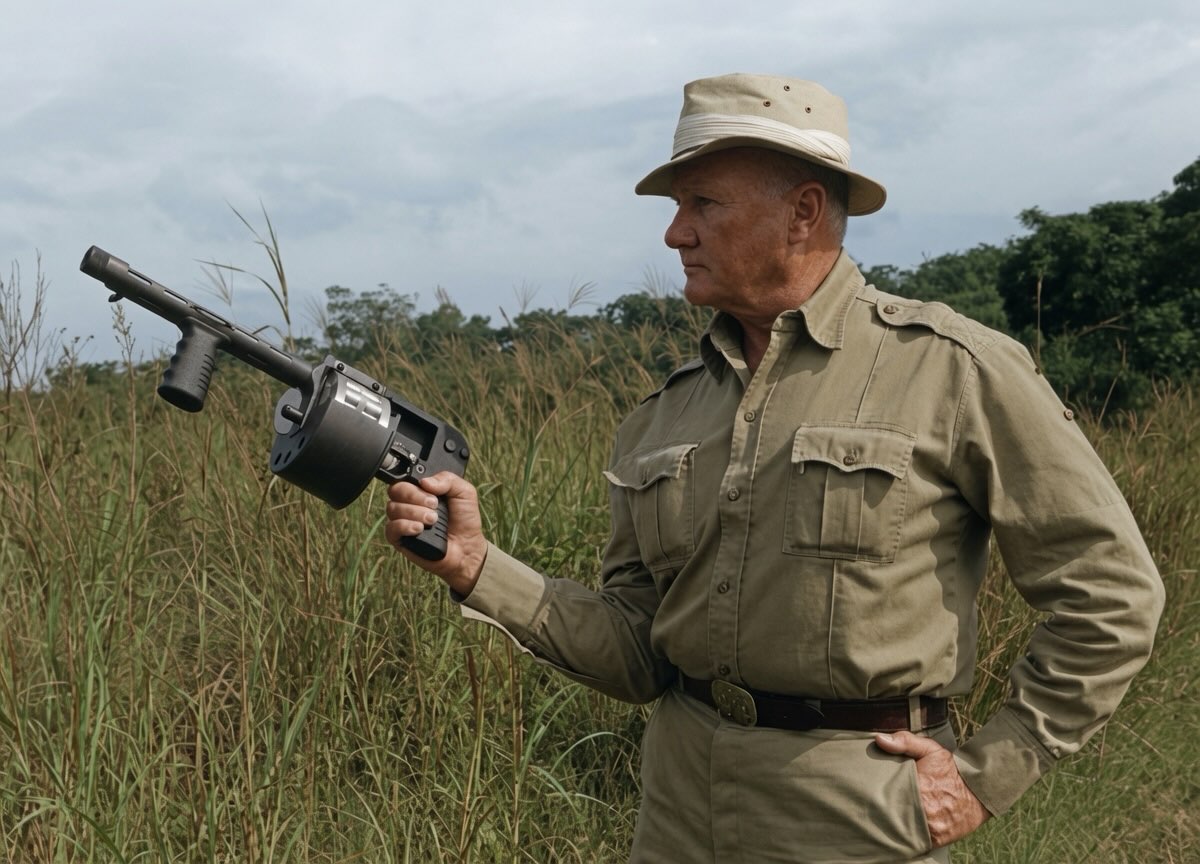 We posted the original B&W of this photo back in April.  We colorized it using Grok Ai and think it turned out pretty good.  What do you think?  The Colonel having a little fun with the Striker! What’s not to love about a #12gauge #revolver ?