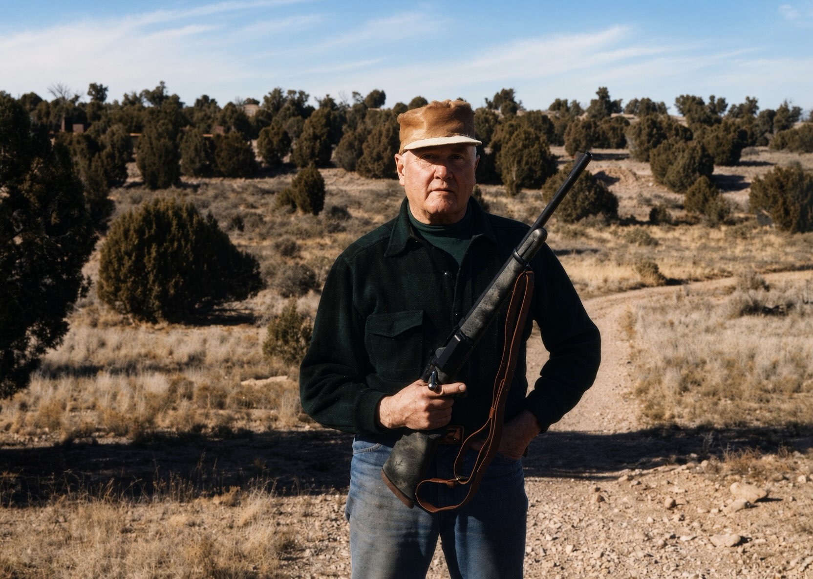Col. Cooper with his sporterized #3040krag at #gunsite. Photo restored & enhanced using Ai.
