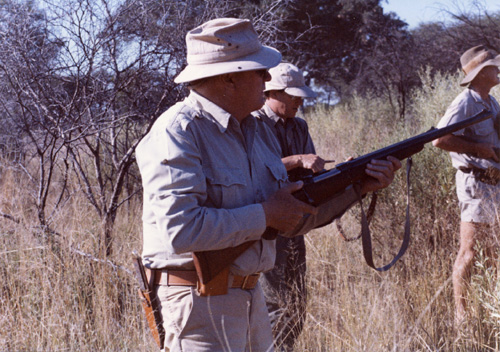 Jeff, his nephew Steve Lunceford, and PH Ian Macfarlane hunting buffalo in the Okavango Delta in 1990